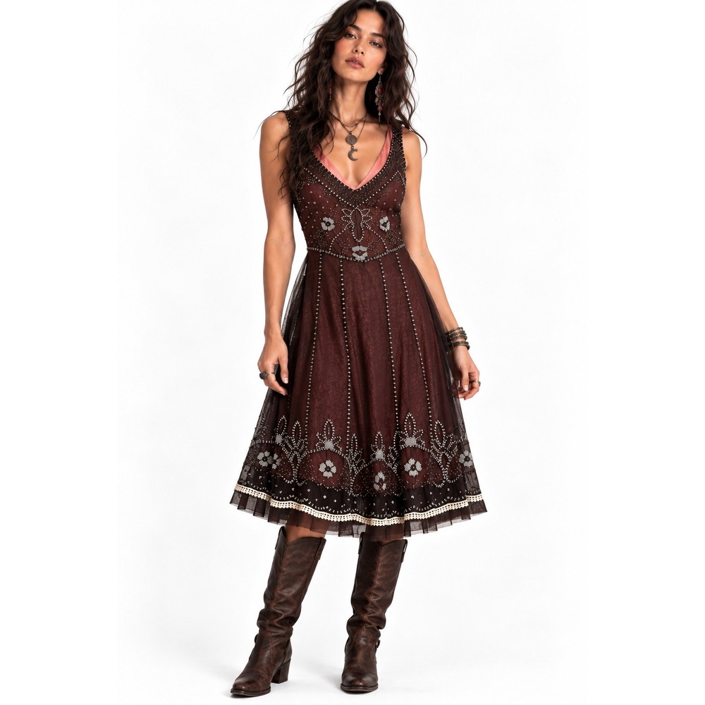 ECI New York Y2K Beaded Mesh Dress Brown Pink Sheer Overlay Fairy Grunge Sz 4